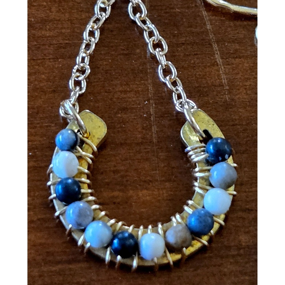 Boho Gypsy Handmade Picasso Jasper Gold Tone Wire Wrapped Horseshoe Earrings - Picture 3 of 4